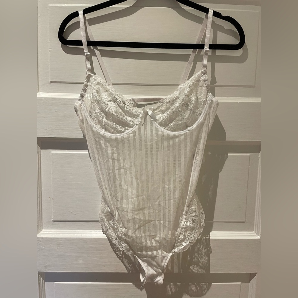 Sheer white lace striped corset bodysuit